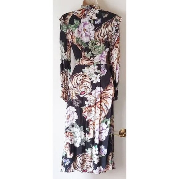 H&M Floral Tiger Ruffled Button Front High Neck Midi Dress 2 Black   50OFF3 - Picture 3 of 9